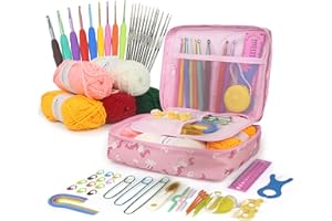 OPTIVICE Crochet Kits for Beginners Adults Knitting Kit Ergonomic Metal Crochet Hooks Include 0.6-6.0 mm Metal Crochet Hooks, Wool, Case and Knitting Accessories, Crochet Hook Set Kids (Pink)
