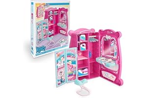 Nancy Vanity Closet, Armario y Tocador, Tocador con Espejo y Armario con Barras y Cajones para la Muñeca, Incluye Biombo, Asiento y Percha para la Ropa, Famosa (NAC94000)