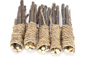 Atyhao Juguetes para Masticar Animales pequeños, 5 Piezas de Palos de Madera de Manzano, Cuerda de Hierba, Juguetes de dentición molares para Conejos Ardilla, Conejillos de Indias, hámster Chinchilla