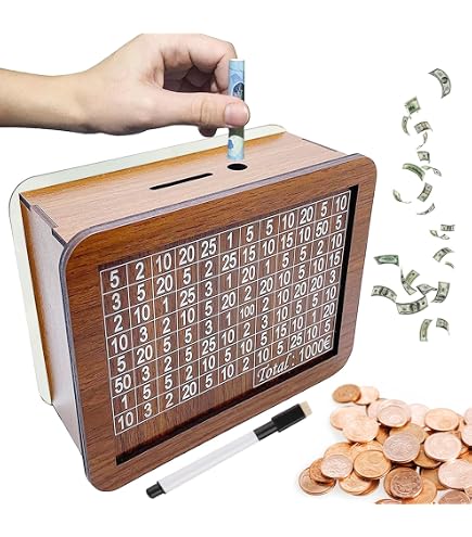 Tirelire En Bois Avec Compteur – Objectif Jusqu’à 10 000 € – Réutilisable & Motivant Avec Cases à Cocher