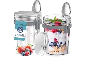 HEFTMAN Słoiki na owsiankę, z łyżkami i hermetycznymi pokrywkami ze stali nierdzewnej, bezpieczne dla żywności, szklane słoiki śniadaniowe na jogurt, pudding chia, 350 ml, wielokrotnego użytku, 2 szt.