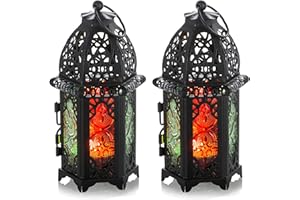 Nuptio 2 Pezzi Portacandele in Metallo Tealight Centrotavola Di Piccole Dimensioni Centrotavola in Vetro Colorato Lanterne Creative Decorazione Casa Tavolo Da Sposa Decorazione Gabbia, Nero