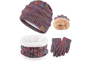 VZV 3 Wintermütze Kinder Schal Handschuhe Set, Mädchen Strickmütze Winterschal Thermo Fleecefutter Handschuhe für Jungen Mädchen 2-10 Jahre