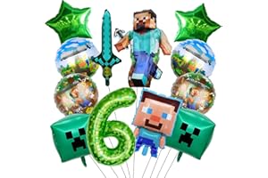 JEXHBFD Geburtstag Deko für Jungen Gamer, 6 Jahre Kinder geburtstag Luftballon deko, 12 Stück enthält Charakter, Runde Folien, Pentagramm, Zahlen, Quadrat, Schwert ballon, Geeignet für Jungen und Mädchen