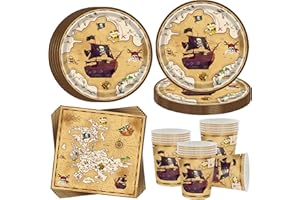 OMZSXK Piraten Partygeschirr für 16 Gäste,Piraten Partyteller Geburtstag Geschirr,Piratenschiff Party Pappteller Becher Servietten,Jungen Mädchen Pirate Kindergeburtstag Deko