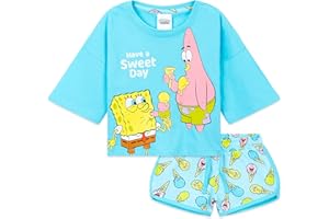 SPONGEBOB SQUAREPANTS Pyjama Fille Ensembles de Pyjama Fille Bob l’Éponge Officiel Dessin Animé Ensemble T-Shirt et Short Vêtement de Nuit Enfant Ado Coton 3 au 14 Ans