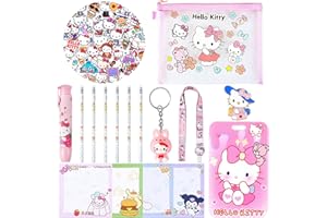 HEARTSKING Cute School Supplies, Kawaii Stationary Set, Including Hello Kitty Stickers, Pencils, Pen-Style Eraser, Sticky Note, Lanyard with ID Badge, Back to School Gift for Girls Boys Kids