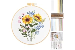 JSRQT Ricamo Starter Kit per Principianti, Kit Iniziale per Ricamo a Gamma Completa, Kit Punto Croce con Stampato con Motivo Floreale, Embroidery Kit da Ricamo Fatto a mano Compreso Aghi e Fili