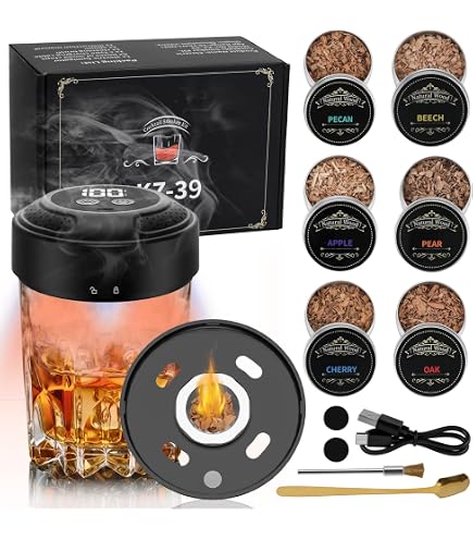 Kit Fumeur à Cocktail Électrique Rechargeable USB-C - Avec 6 Copeaux De Bois - Pour Whisky, Bourbon, Cocktails - Cadeau Père, Amateur De Bar