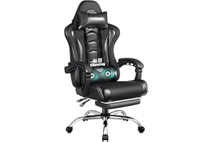 Yaheetech Sedia Gaming Ergonomica Massaggiante Reclinabile con Poggiapiedi Poggiatesta e Supporto Lombare Braccioli Imbottiti in Finta Pelle, Poltrona Gamer da Scrivania con Ruote Girevole Nero
