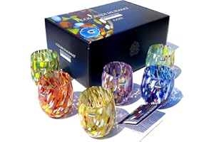 MAZZEGA ART & DESIGN - 6 verres à eau en verre soufflés et fabriqués à la main avec Murrine Murano raffinés et originaux - Les couleurs de Murano - Modèle Colombina 435 ml. Fabriqué en Italie (6,