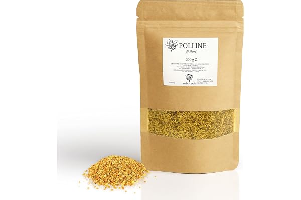 ERBOTECH Pollen d'Abeille 200 g, Multivitamines à haute teneur en Vitamines, Fer, Zinc et Magnésium, 100% pur de haute qualité, Made in Italy, Matière Première pour la Gelée Royale