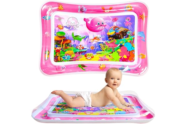 GARNHLOB Tapis D'eau pour Bébé, 70x50 cm Tapis de Jeu Eau Gonflable avec 6 Animaux Marins, Tapis Sensoriel D'activités Aquatiques pour Nourrissons de 3 à 36 Mois, Tapis Portable pour Voyages (Rose)
