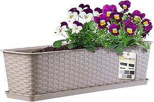 KADAX Jardinière Rectangulaire 60 cm, Balconnière en Plastique Aspect Rotin avec Soucoupe pour Embellir Votre Espace Extérieur (Caramel)
