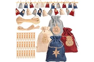 KEEHOM Calendrier de l'Avent à remplir, 24 sachets en jute Calendrier de l'Avent à remplir tissu 4 couleurs + calendrier de l'Avent numéros étiquette bois, 2022 DIY Calendrier de Noël à remplir
