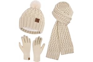 Bequemer Laden Femmes Hiver Bonnet Écharpe Longue Gants Tactiles Ensemble Bonnets Chaud Tricot avec Pompon Doublure Polaire Cadeau Femme