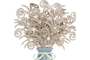 KUNJOCY 12 Pcs Glitter Christmas Leaves, Artificial Leaf Spray Picks Christmas Foliage Christmas Tree Filler Branches Christmas Wreath Decor for DIY Wreath Wedding Table Centerpiece Decorations (Champagne)