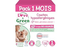 Love & Green - Couches Bébé Saines et Ecologiques - Taille 1 (2-5 Kg) - Pack 1 Mois (138 Couches) - Absorbante, anti-fuites et sans ingrédients indésirables