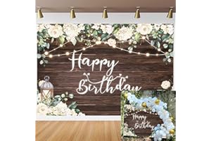 Wangrj Fond en Bois avec Inscription Joyeux Anniversaire, Fleur Blanche Rustique, Mur en Bois, décor d'anniversaire pour Adultes pour Enfants,2,1 x 1,5 m