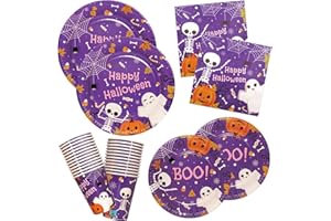 HNH Lot de 100 Halloween Assiettes en papier, Serviettes, Gobelets en papier | Fantôme, Pourpre | Set de Vaisselle jetable de fête