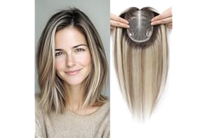 Lasunork Human Hair Toppers for Women, Real Hair 40g, Upgrade Lace Base, 12inch (Ombre Light Brown with Blond Highlight, 12 Inch)