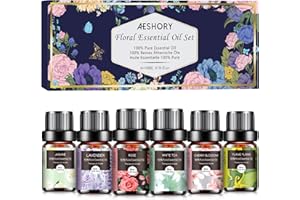 AESHORY ory Zestaw Olejków Eterycznych Kwiatowych 6 X 10 Ml, 100% Naturalnych Olejków Eterycznych Kwiatowych Do Nawilżacza Z Dyfuzorem - Lawenda, Róża, Jaśmin, Kwiat Wiśni, Biała Herbata, Ylang Ylang