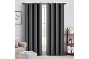 AMEHA Grey Eyelet Blackout Curtains for Bedroom 66-inch Wide & 54-inch Drop - Super Soft Thermal Blackout Window Treatments Curtains 2 Panels with Tie Backs