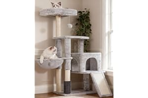 Heybly Arbre à Chat, Brosse de Nettoyage Automatique, Arbre à Chat Domestique Robuste avec Peluche Polie, Chaise Longue, Bac à Litière avec Panneaux et Griffoir, Gris Clair HCT005SW