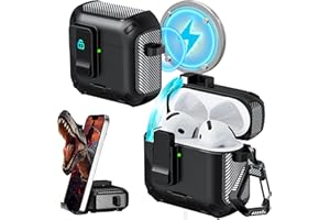 RFUNGUANGO Custodia compatibile con AirPods 4 con penna per la pulizia, clip di bloccaggio, protezione completa del corpo, funzione di supporto e compatibile con Magsafe,Nero