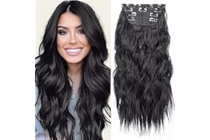 ALILEADER Black Hair Extensions Clip in, 20 Inches Long Synthetic Curly Clip in Hair Extension for Women and Girls (Black, 4Pcs)