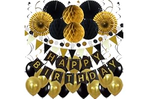 ZERODECO Birthday Party Decoration, Happy Birthday Banner with Paper Fans, Honeycomb Balls, Triangular Pennants, Circle Paper Garland, Hanging Swirls and Balloons - Black, Gold and Gray