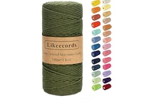 Likeecords Makramee-Schnur, 3 mm x 110 Yards, farbiges Makramee-Seil, Baumwollseil, Makramee-Garn, Bunte Baumwollschnur, zum Aufhängen von Pflanzen, zum Basteln, Stricken (Armeegrün)