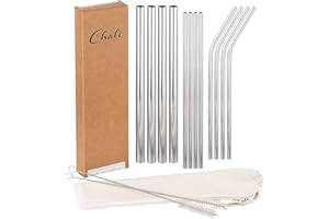 Chali® 12x Cannucce Acciaio Inox Riutilizzabili, Argento (8x ø6mm, 4x ø12mm), Cannuccia lunghe 21,5cm, Lavabile in Lavastoviglie incl. 2x Spazzole per pulizia