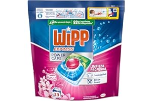 Wipp Express Power Caps Detergente Floral en Cápsulas para Lavadora, 33 Dosis, Limpieza Profunda, Eficaz en Agua Fría