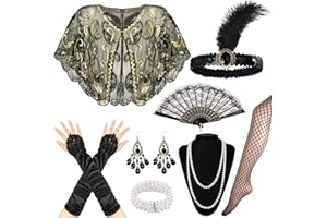 Exojoy 11Pcs 1920s Flapper Great Gatsby Accessories for Women, Roaring 20's Theme Set with Shawls Headband Headpiece Black Gloves Pearl Necklace Earrings Lace Fan for Girls Party Prom