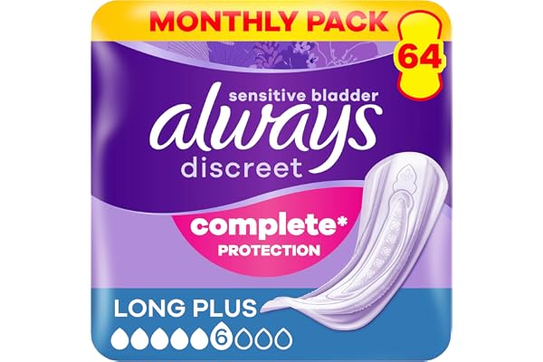 Always Discreet, 64 Serviettes Hygiéniques Incontinence Femme, Long plus 6 Gouttes, Protection Absorbante pour Fuites Urinaires Importantes, Pack 1 Mois