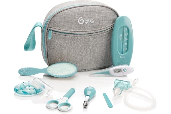 Babymoov Trousse de Soin Bébé - Dès la naissance - Grand Format - Kit Complet 9 Accessoires dont Brosse à Cheveux, Thermomètre digital, Thermomètre de bain, Coupe Ongles - Garantie à vie
