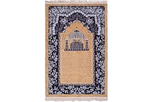 Halbur Gebetsteppich, Islam Muslim Seccade Ramadan Geschenke Für Frauen Männer, Traditionelles Islamische Architektur Kaaba Stickerei mit Fransen, Muster mit gewölbter Tür und Blumen,Gelb