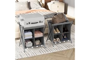 HUHOTE Suitcase Stand, Luggage Rack, Set of 2, Foldable Suitcase Stand, Suitcase Stands with Storage Compartments, Suitcase Rack for Guest Room, Bedroom, Hotel, for Travel Luggage (Grey)