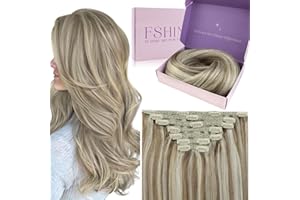 ‎FSHINE Fshine Invisible Clip in Extensions Echthaar 50cm Haarverlängerung Echthaar Clip in Extensions 120g 7 Stücke Hellbraun Highligh Platinblond Farbe 8P60