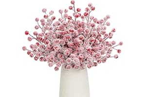 Donfulily 24 Pcs Artificial Snow Berry Stems, 9'' Frosted Holly Berry Branch Christmas Tree Pick Spray for Xmas Tree Decoration Wreath Making Supplies Vase Filler DIY Craft Holiday Home Decor (Red)