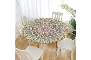 FANSU Nappe Exterieur Ronde 90 cm, Nappes Imperméables avec Bord Élastique, Jardin Mandala Nappes Polyester Anti Taches Lavable pour Cuisine Fête Table (pour Table 70-80cm)