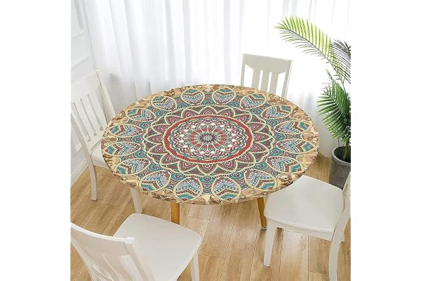 FANSU Nappe Exterieur Ronde 120 cm, Nappes Imperméables avec Bord Élastique, Jardin Mandala Nappes Polyester Anti Taches Lavable pour Cuisine Fête Table (pour Table 100-110cm)