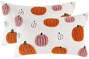 Tosleo Różowe poszewki na poduszki na Halloween 30 x 50 cm, zestaw 2 jesiennych poszewek na poduszki, Halloween, 3D, pomarańczowe, dynie, haftowane poszewki na poduszki, Święto Dziękczynienia, domowe