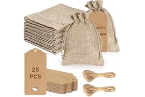 MKITNVY 25 Pezzi Sacchetti di Juta, Sacchettini Regalo di Lino con biglietti regalo e Coulisse, Sacchetti di Tessuto Piccoli per Matrimoni Feste Calendario Avvento Regalo Gioielli Fai-da-Te Natale 10 x14 cm