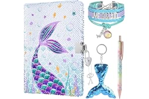WERNNSAI Cahier à Paillettes - Journal De Sirène Cahiers et Bloc-notes A5 Mémo Carnets et Journaux Cadeaux pour Enfants Cahier de Notes Stylos à bille Bracelet Porte-clés avec Cadenas et clés