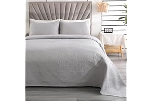 ‎QUCOVER Qucover Tagesdecke 240x260cm Hellgrau, Tagesdecke Bettüberwurf mit 2 Kissenbezügen 50x75cm, Polyester Vintage Muster Ultraschall genäht, Wohndecke Sofaüberwurf Überwurfdecke für Bett