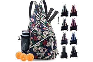 ZOEA Pickleball Bag, Sport Pickleball Sling Bag for Women Man, Adjustable Pickleball Backpack with Fence Hook Water Bottle Holder, Fits 4 Paddles and All Your Other Gear (Flower Black)