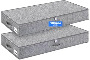 Huquter Low Under Bed Storage Box with Lid, 2 Pack 10cm Low Underbed Storage with Sturdy Side & Bottom Support, Foldable Linen Shallow Under Bed Storage Bag with Zip for Clothes, Under Sofa