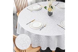 mosayt Tovaglia Antimacchia Rotonda 180 cm Tovaglia Bianca Impermeabile Tovaglie Jacquard in Poliestere per Protezione Tavolo Tovaglie Lavabili Adatta per Esterni, Compleanni e Feste, 1 Pezzo